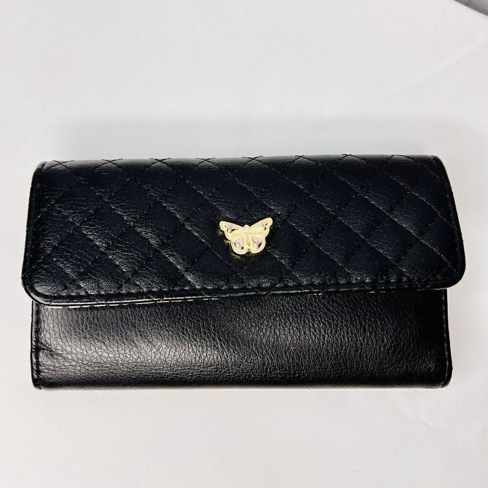 MAX STUDIO Black Gold Butterfly  Snap Trifold Wallet Quilted Design NWOT NICE B4